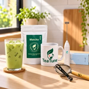 TeaTune Matcha Daily Set: matcha pouch, TeaTune mug, frother, sifter and measuring spoon, with an iced matcha latte